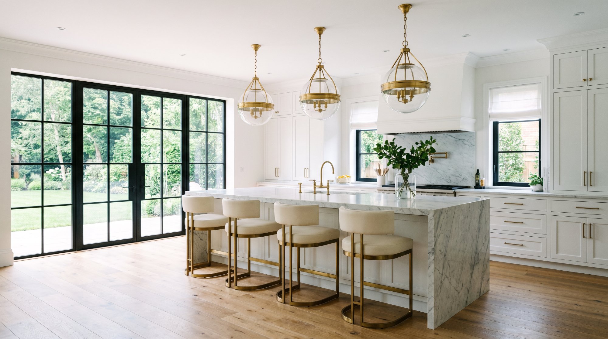 Finished white kitchen with marble island
