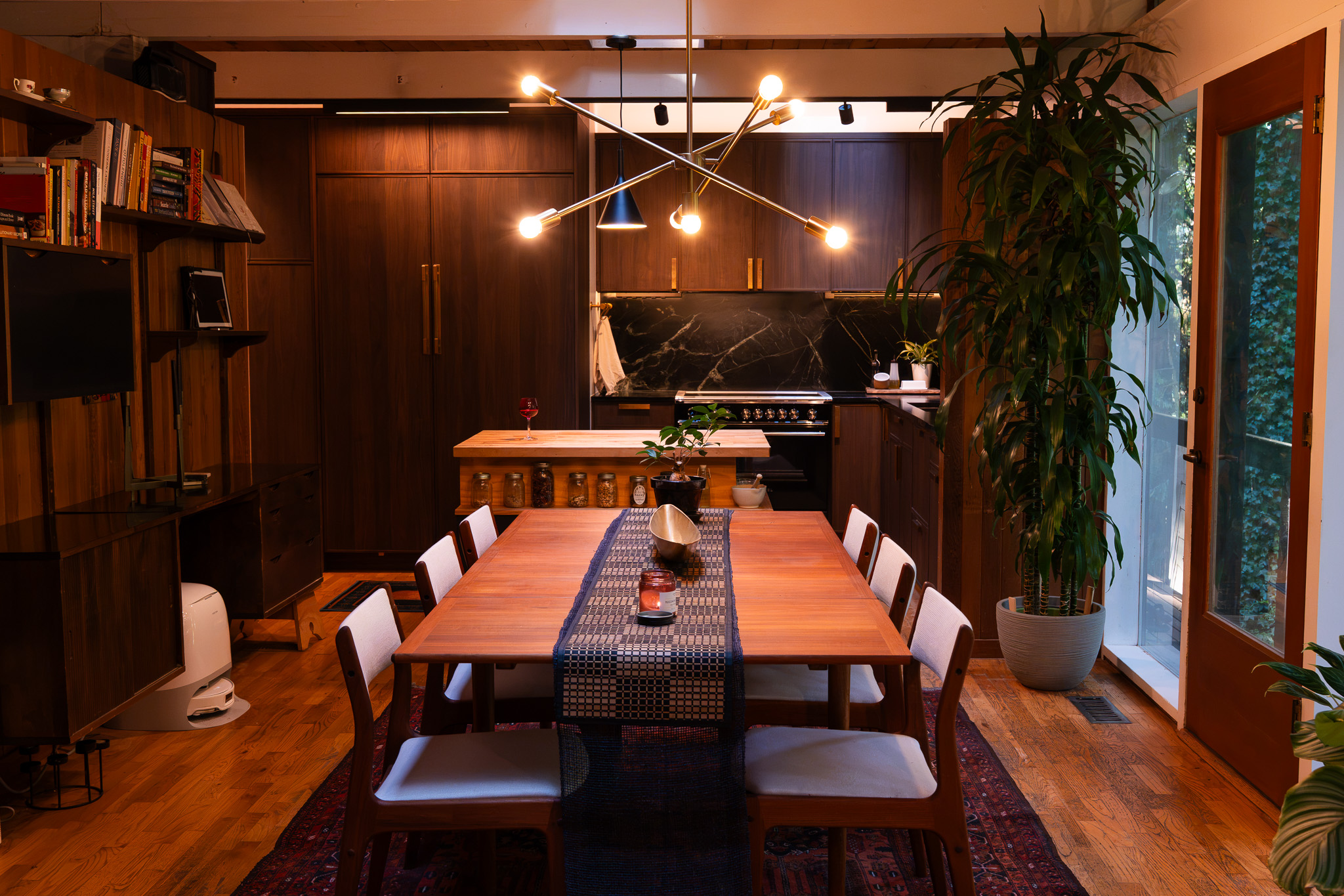Dining area looking toward the wood kitchen